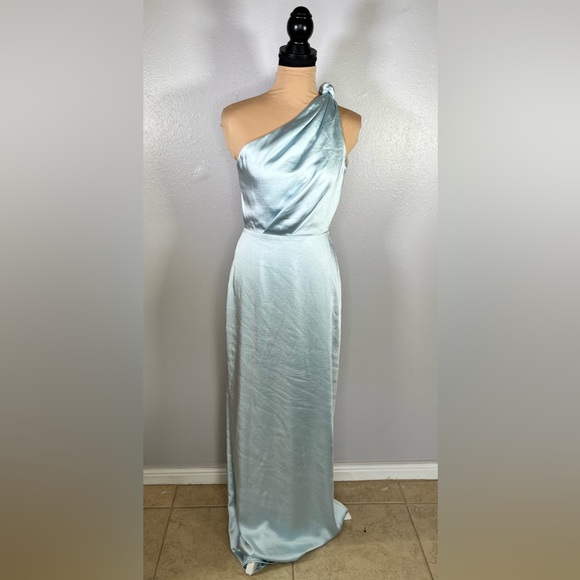 Baby Blue satin one shoulder open back long gown S wedding guest gala formal - Picture 2 of 15